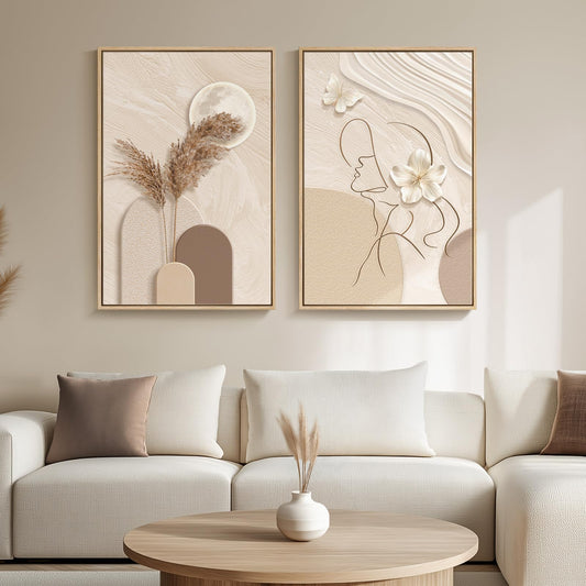 Large Framed Neutral Abstract Wall Art for Living Room, Set of 2 Modern Warm Beige and Taupe Canvas Artwork for Walls, Woman Silhouette Paintings Prints Wall Decor for Bedroom Home Office, 20x30 Inch