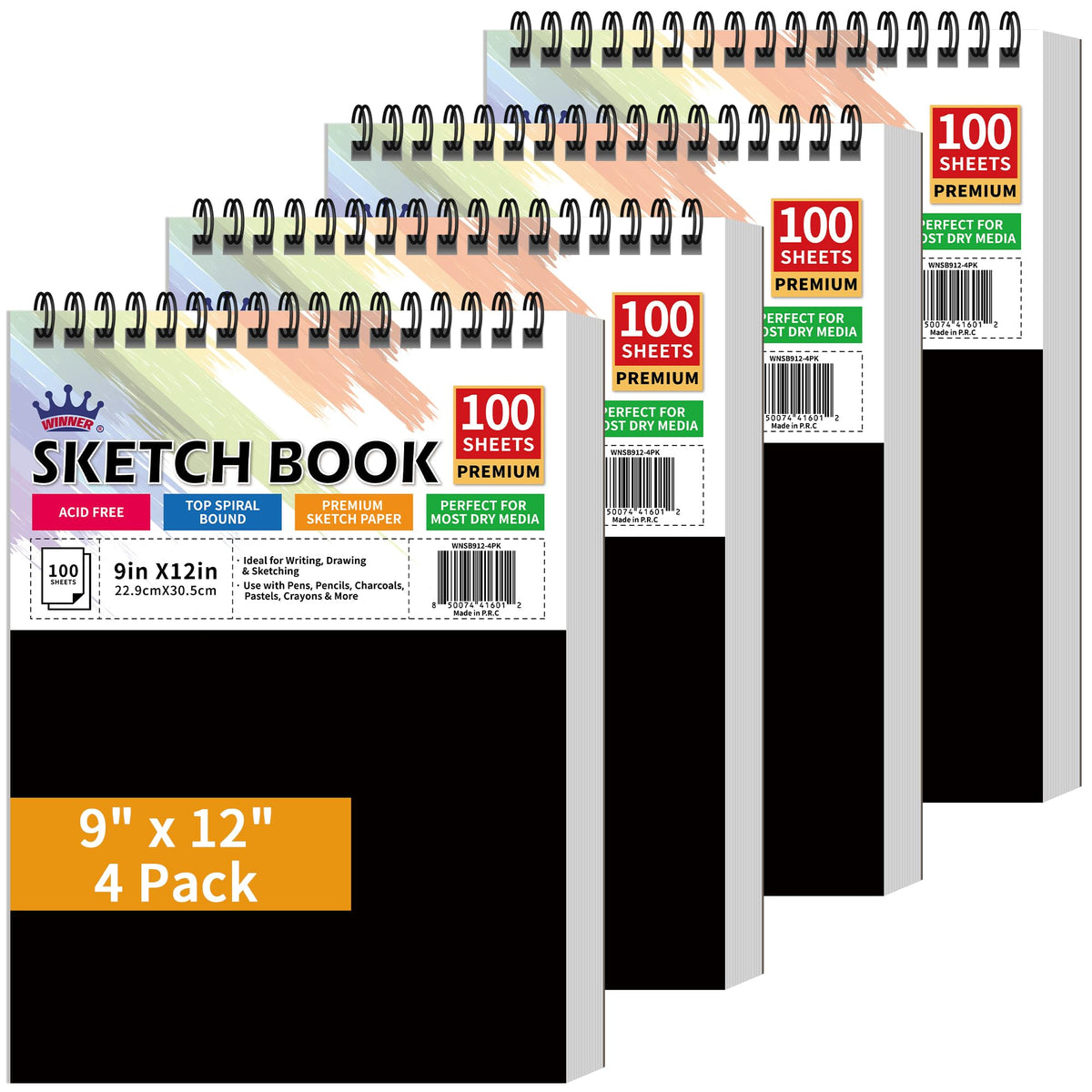 WINNER 9" x 12" Sketch Book 4 Pack, 400 Sheets Spiral Bound Art Sketchbook, 68lb/100gsm White Acid Free Drawing Pad, Sketching Drawing Writing Sketch Pad, Art Supplies for School, Kids, Adults &Teens