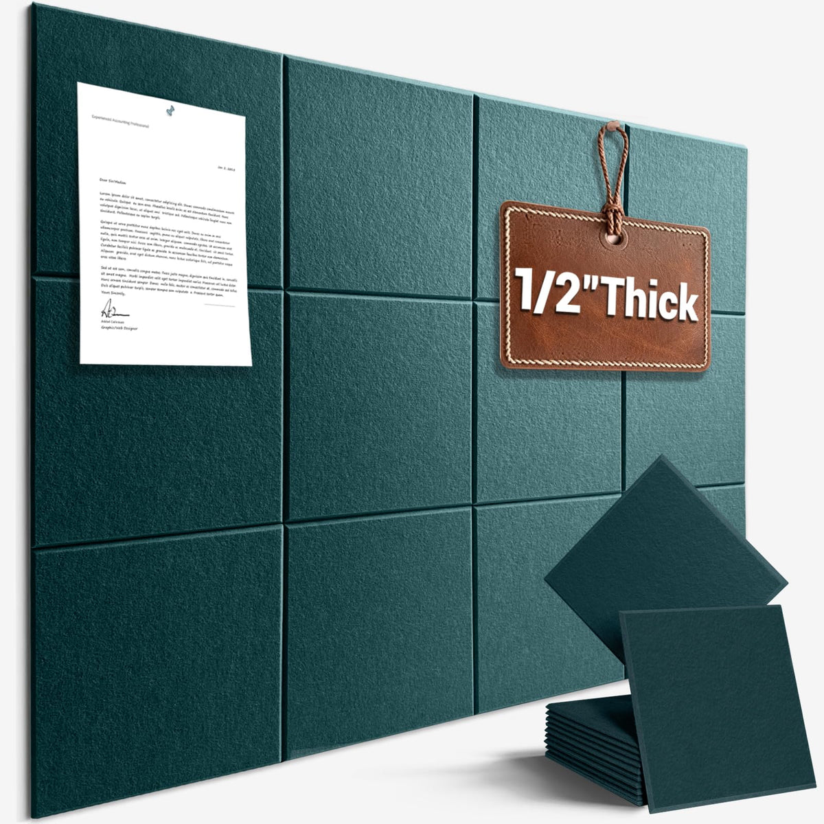 Large Cork Board for Office Wall Decor,48"x36"-12 Pack Felt Wall Tiles with Safe Removable Adhesive Tabs, 1/2" Thick, Felt Bulletin Board Pin Board Cork Boards for Walls - Dark Green