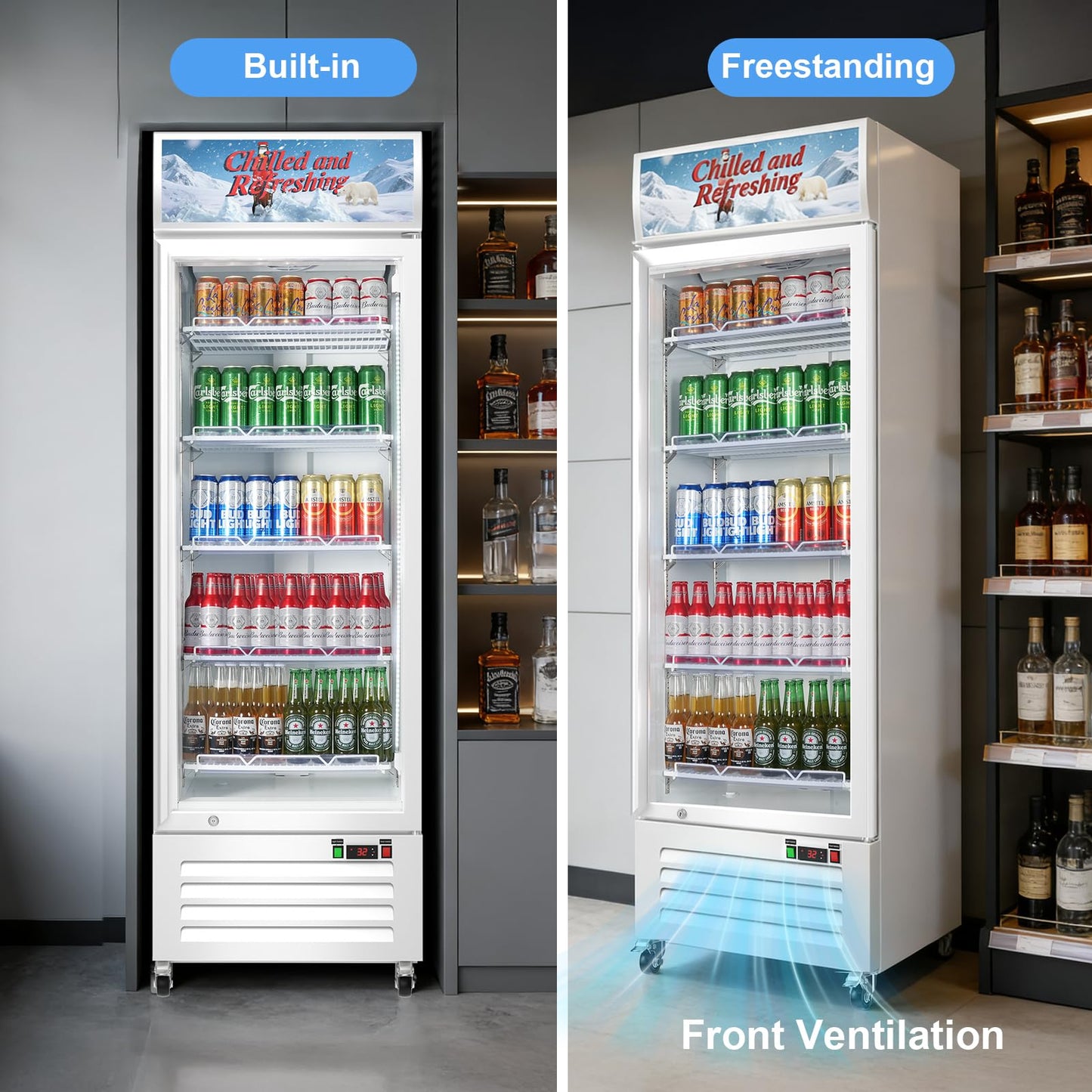 Velieta Commercial Beverage Refrigerator with Glass Door, 383L Display Fridge Beverage Cooler with Customizable Lightbox Adjustable Shelves, Drink Fridge Merchandiser for Restaurant Shop, White