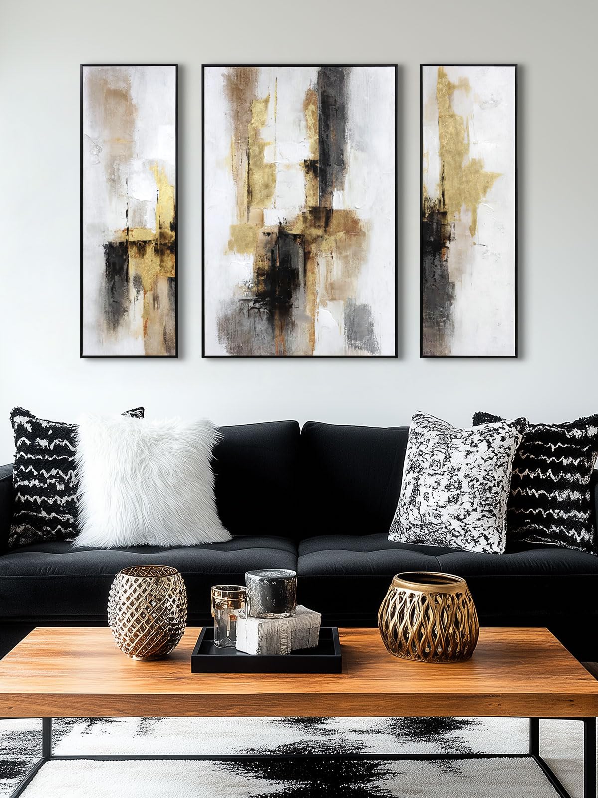 3-Piece Black & Gold Abstract Wall Art - Modern Textured Canvas Prints with Hand-Applied Brush Strokes, Large Wall Decor for Living Room, Bedroom, or Office, 2 x 12 x 36 and 1 x 24 x 36 Inches