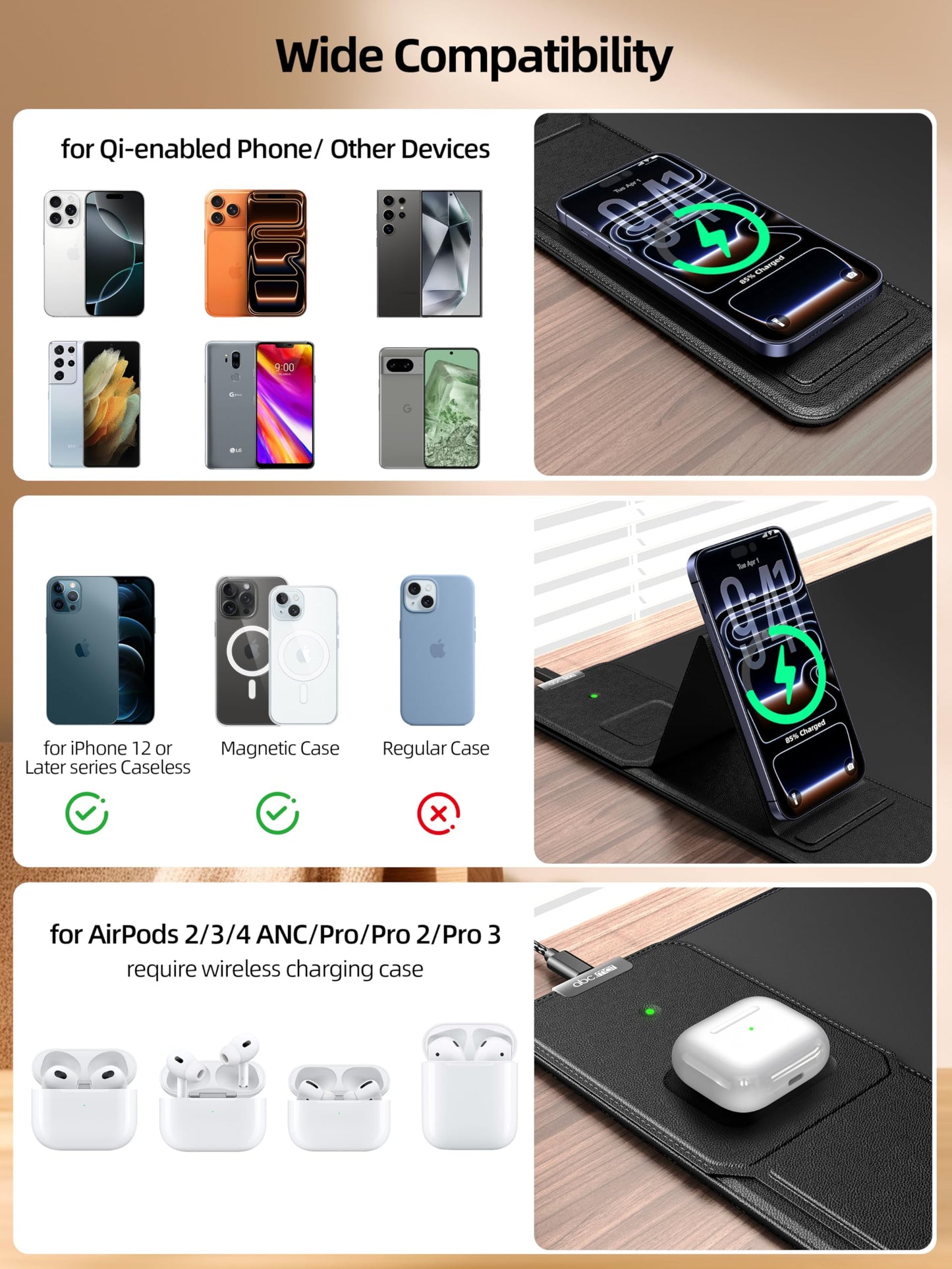 Mouse Pad with Magnetic Wireless Charging & Adjustable Phone Stand, 31.5"x15.8" Extended Desk Mat, Waterproof Ultra-Smooth Keyboard Pad, Non-Slip Base, Black