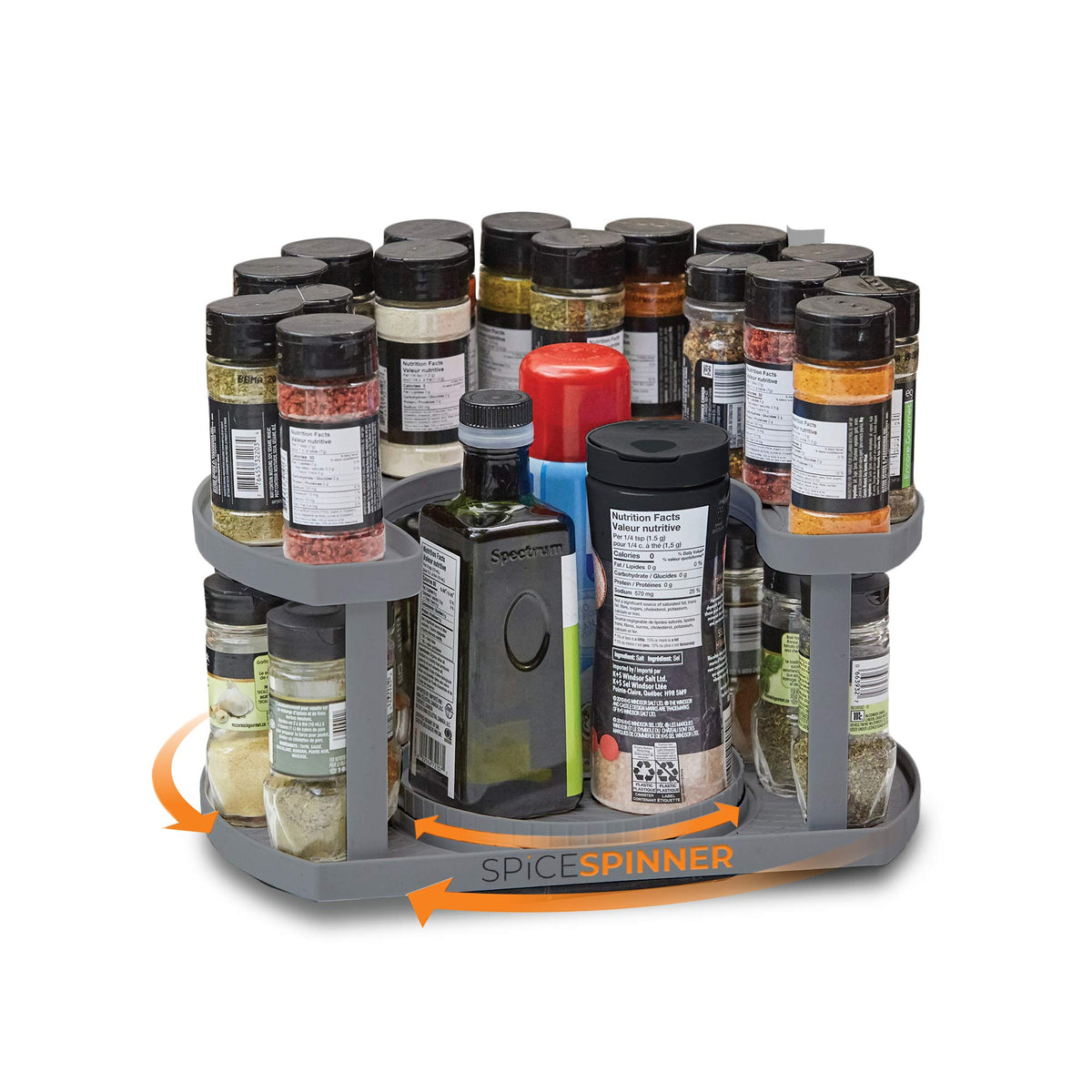 Allstar Innovations Spice Spinner Two-Tiered Spice Organizer & Holder That Saves Space, Keeps Everything Neat, Organized & Within Reach With Dual Spin Turntables- Grey
