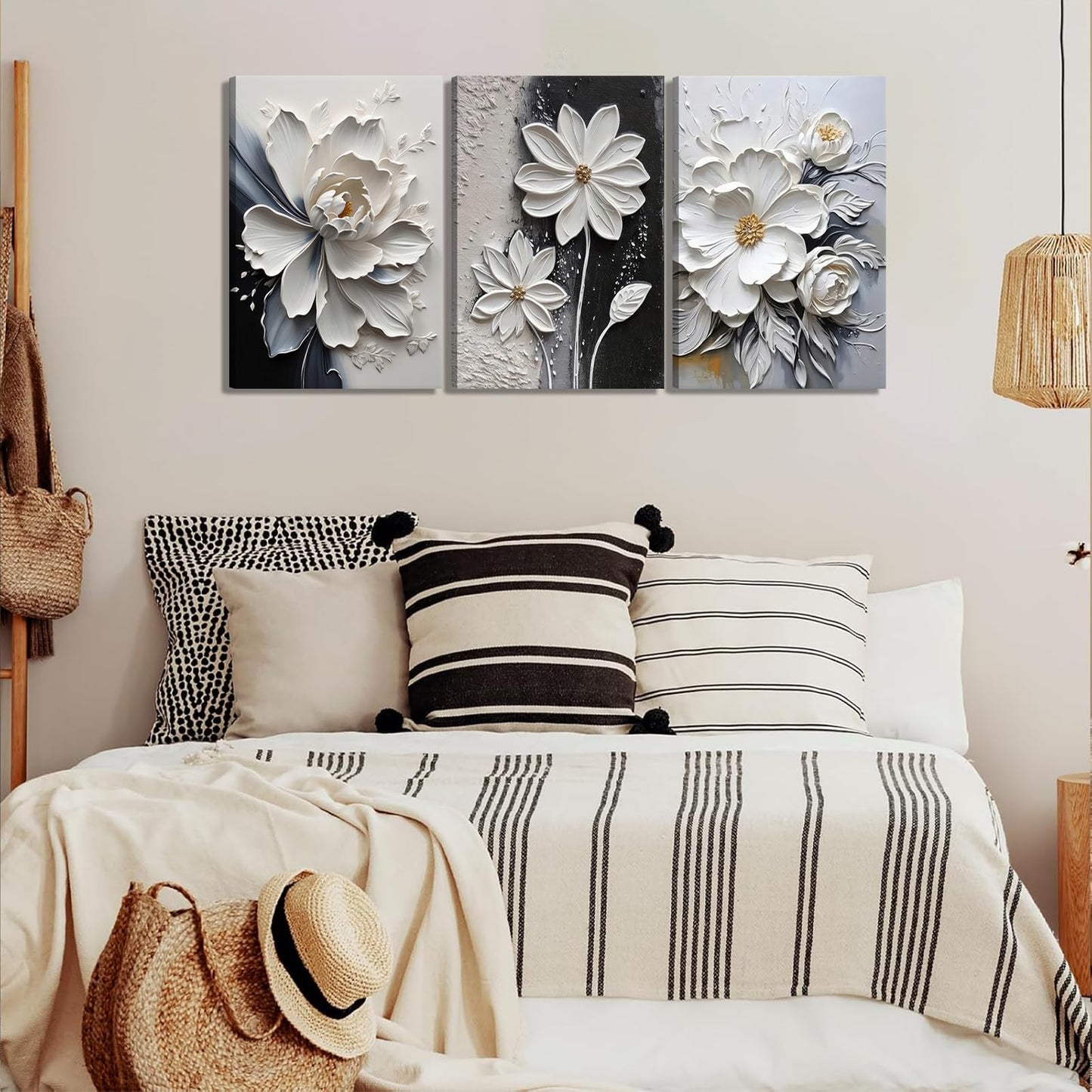 3Pcs Modern Abstract Floral Canvas Wall Art White and Black Flowers Wall Decor Pictures Elegant Daisy Poster Print Paintings for Office Living Room Bedroom Bathroom Home Decoration 12"x16"
