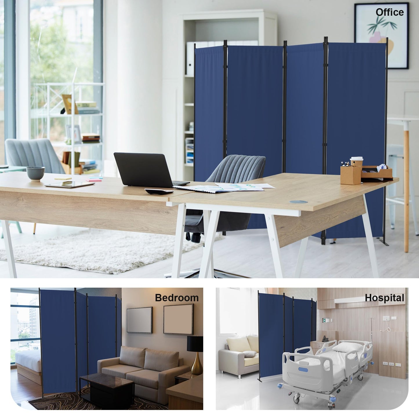 Kecreque Room Partitions and Dividers 4 Panel Portable Wall w/ 3 Wider Feet Folding Room Divider 6FT Privacy Wall Indoor as Dressing Screen for Apartment School Office Children's Separate Rooms,Blue