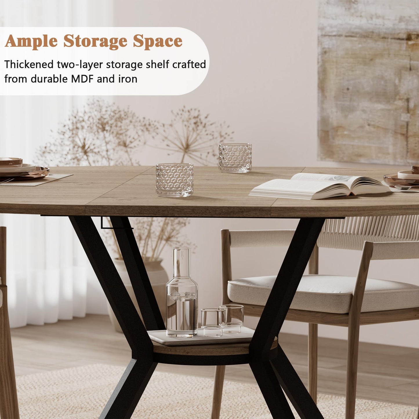 42"-58" Extendable Round Dining Table with Built-in Flip Leaf, Modern Oval Kitchen Table for 4-6, Space-Saving Small Room Furniture with Storage Shelf and X-Shaped Metal Base