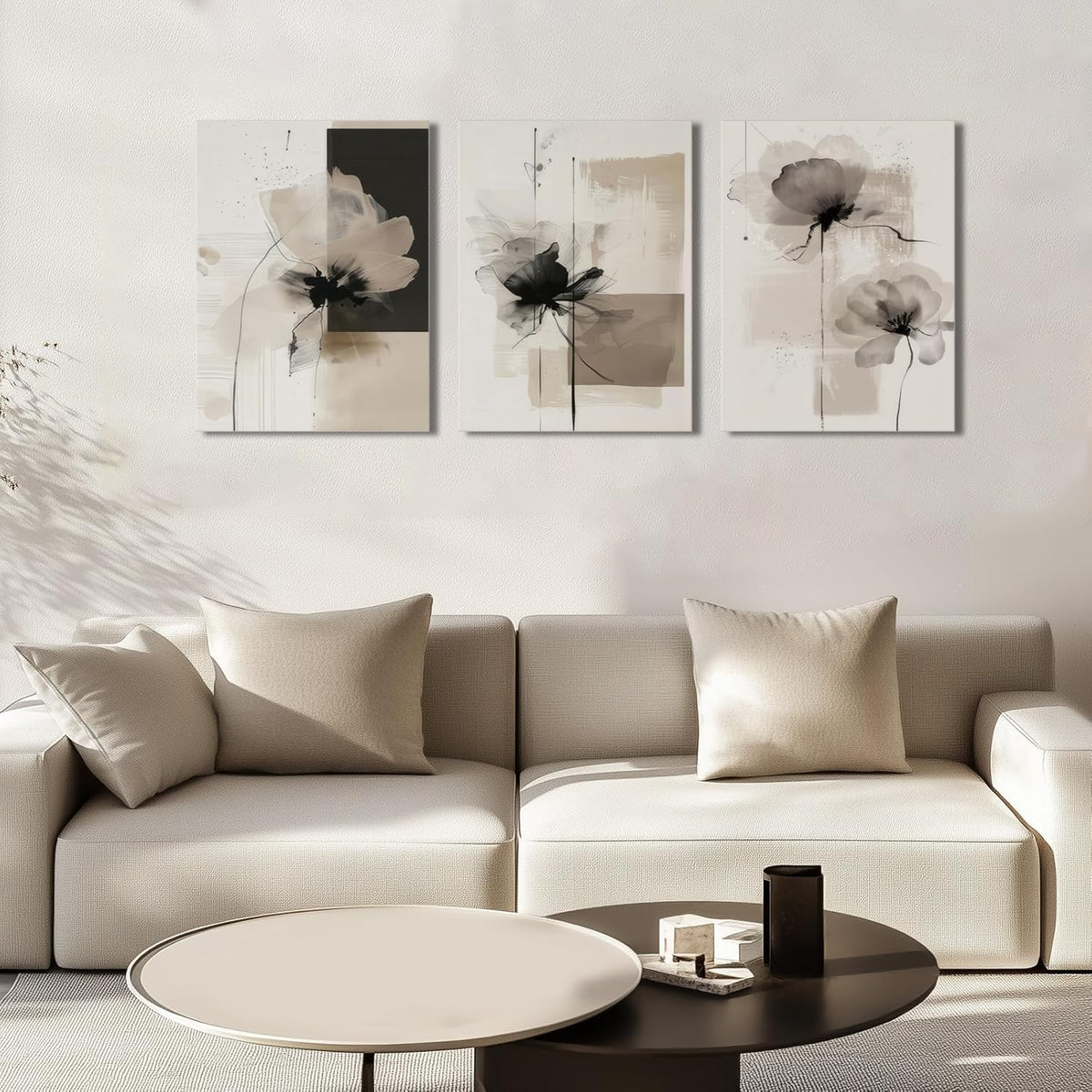 Neutral Abstract Floral Canvas Wall Art Modern Large Minimalist Wall Decor Contemporary Beige Black Flower Posters Prints Picture for Living Room Bedroom Bathroom Office 12x16 In Framed