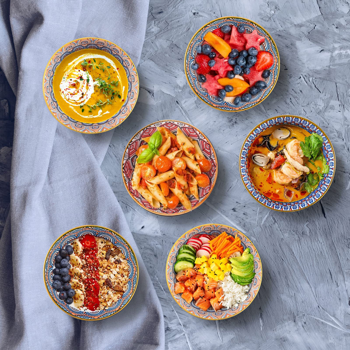 Sanbege Ceramic Rice Bowls 10 oz, Bohemian Style Bowl Gift Set, Assorted Dinnerware Serving Bowls for Cereal, Soup, Dessert, Snack, Fruit, Salsa, Pack of 6 (Geometric Pattern)