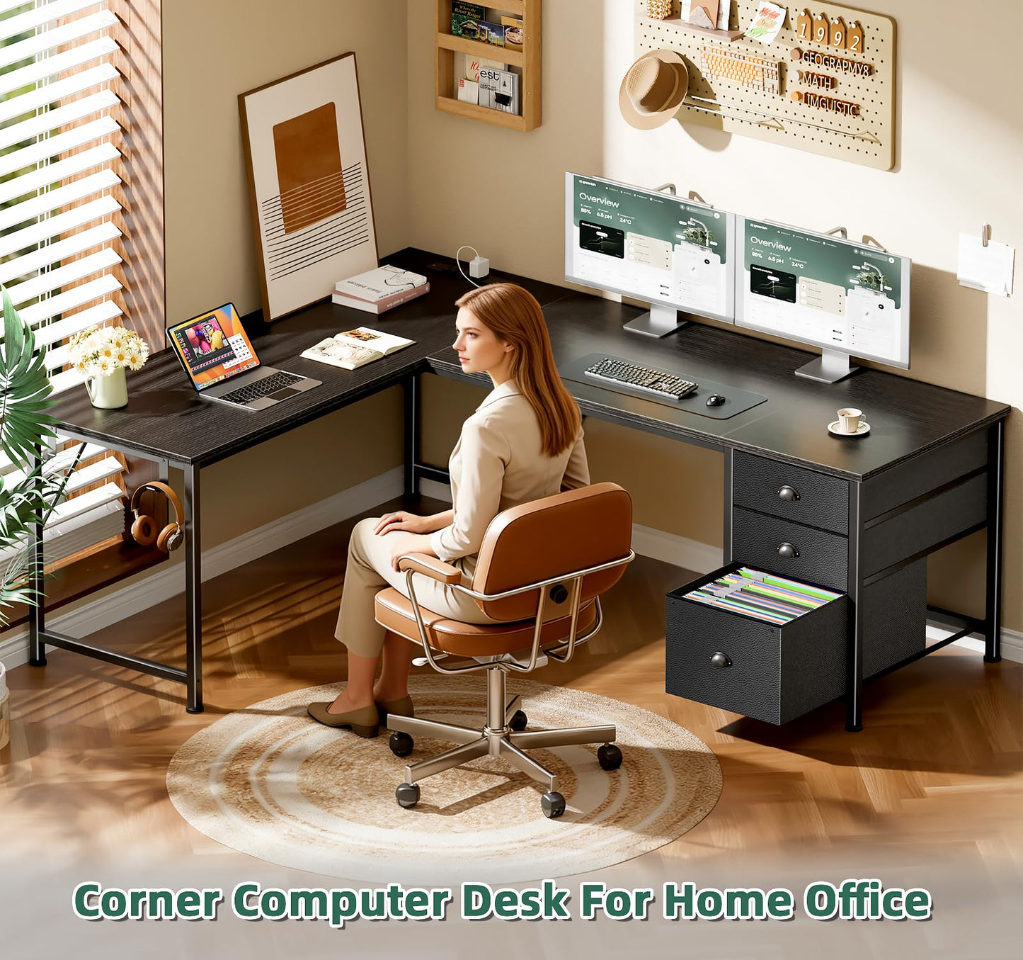 Furologee 63" L Shaped Computer Desk with Power Outlet & USB-C Port, Reversible Home Office Desk with 2 Fabric Drawers, File Cabinet, Hooks, Large Corner Table for Gaming, Writing, Work, Black