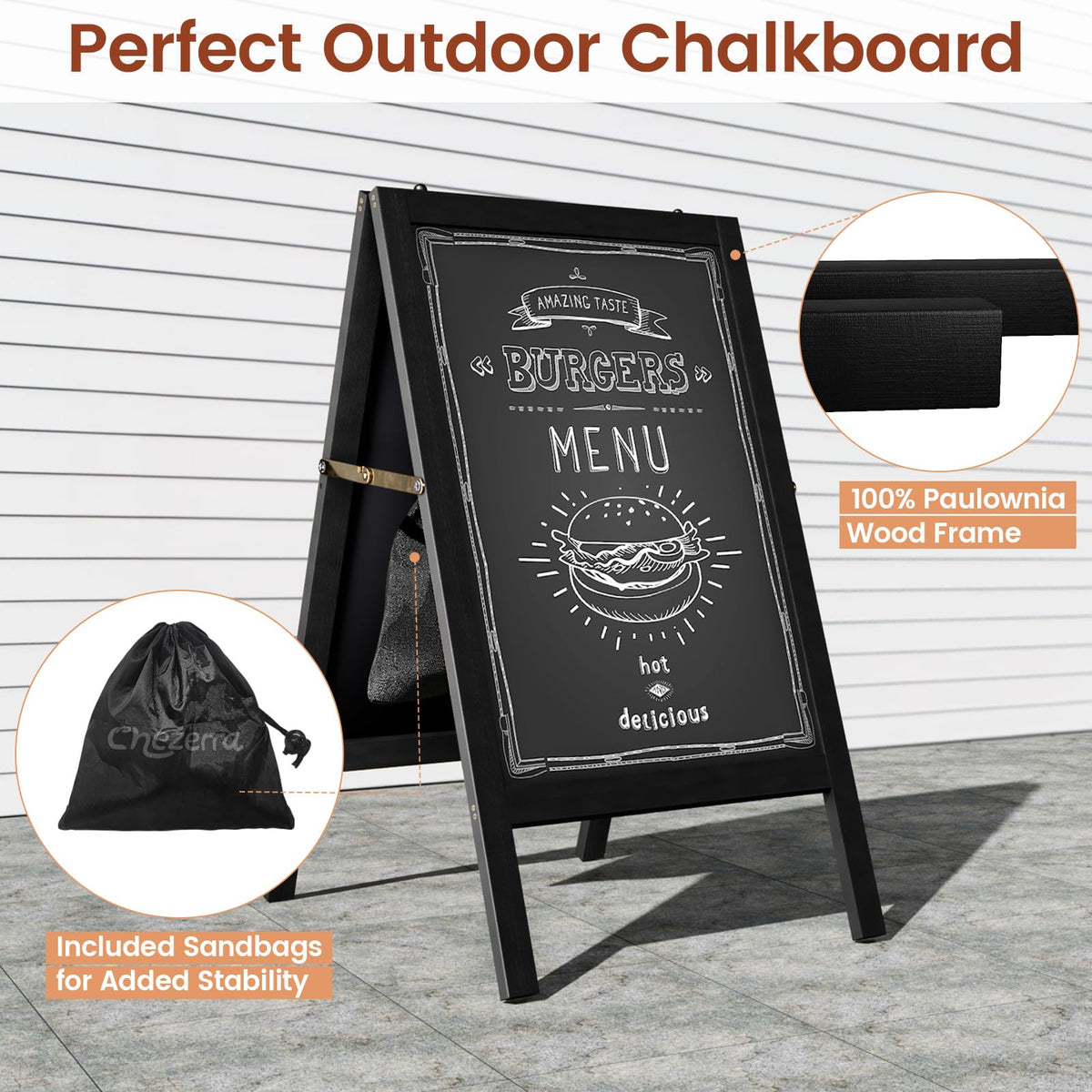 Chezerra A Frame Chalkboard Sign, 40"x20" Extra Large Sidewalk Chalk Board, Wooden Standing ChalkBoards Set with Markers, Double-Sided Magnetic Blackboard for Cafés, Weddings, Party Guide, Black