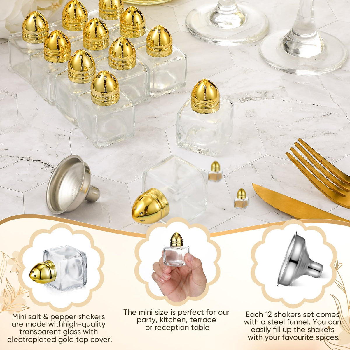 Uiifan 12 Pcs 0.5 oz Cube Shape Small Salt and Pepper Shakers with Tone Tops Clear Mini Glass Seasoning Jars Spice Salt Shakers with Funnel for Wedding Party Restaurant Home Kitchen (Gold)
