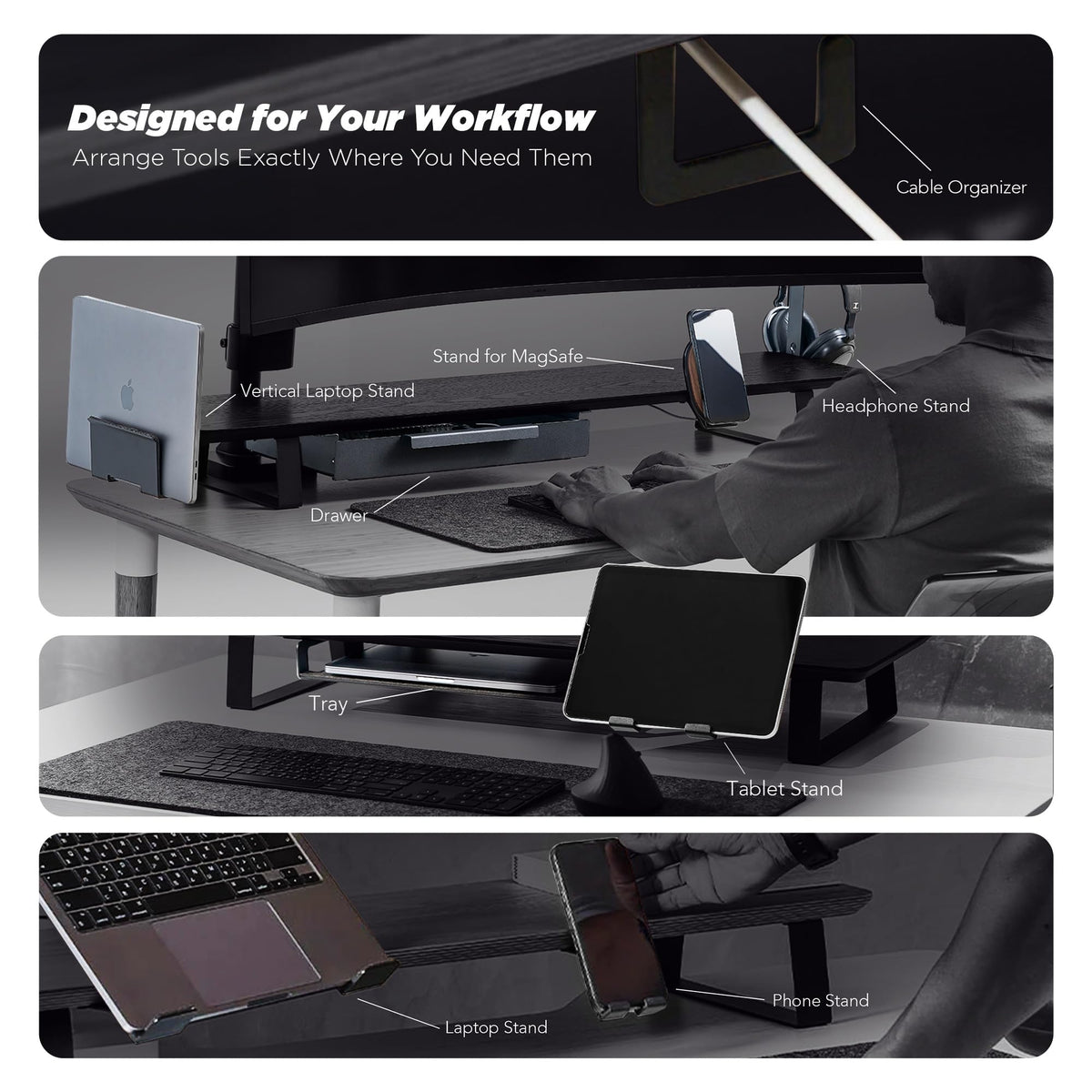 ULTRARM Moodular Add-ons Storage Tray [Accessory Only - Requires Moodular Wooden Monitor Stand Slide Rails for Use] Black MSA-TR