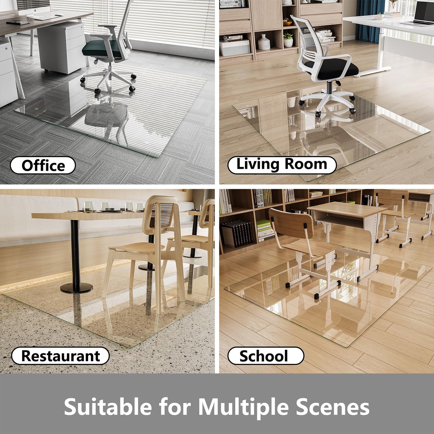Koonmi Glass Chair Mat for Carpet, 36"x48" Tempered Glass Office Chair Mat, Glass Floor Mats with Rounded and Polished Edges, Desk Chair Mats with 4 Anti-Slip Pads for Hardwood Floor, Carpet