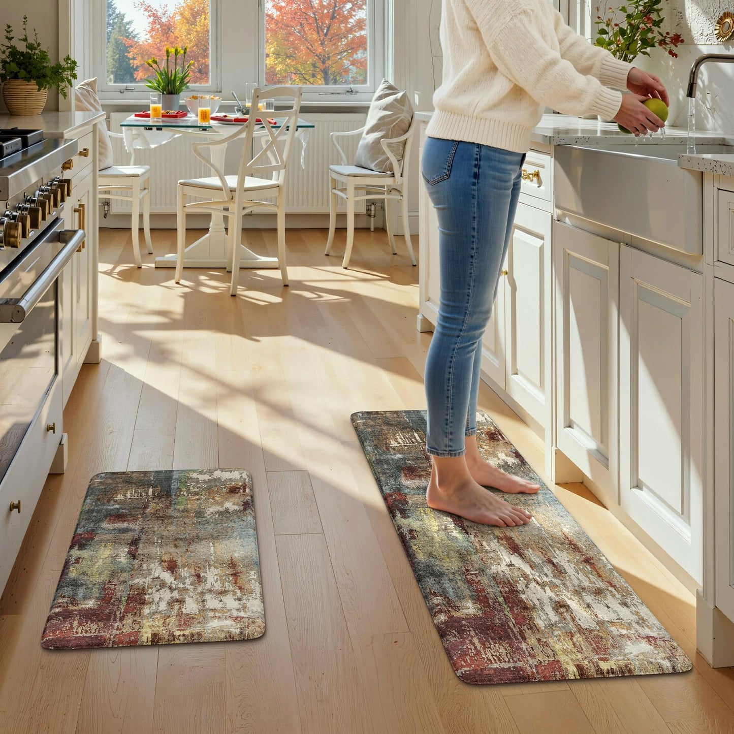 LEEVAN Kitchen Mats Cushioned Anti Fatigue Sets of 2,Non Slip Waterproof Kitchen Mats for Floor,Memory Foam Comfort Abstract Red Kitchen Floor Mat for Sink,Laundry,Home,Office,Desk(17"x29"+17"x47")