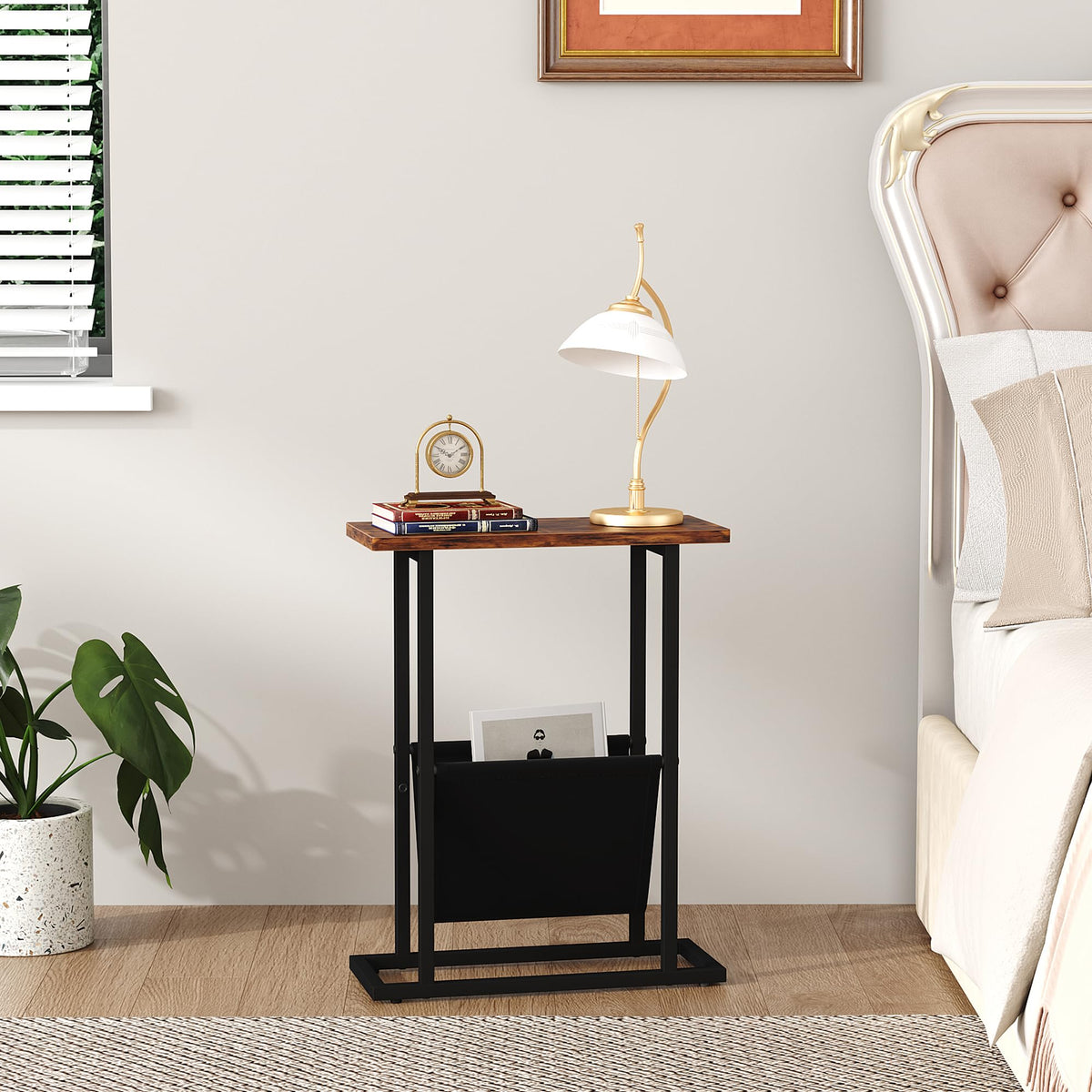 Yusong Narrow Side Table for Small Spaces, Small End Table with Magazine Holder, Skinny Slim Little Thin Table for Living Room, Bedroom, Sofa, Rustic Brown