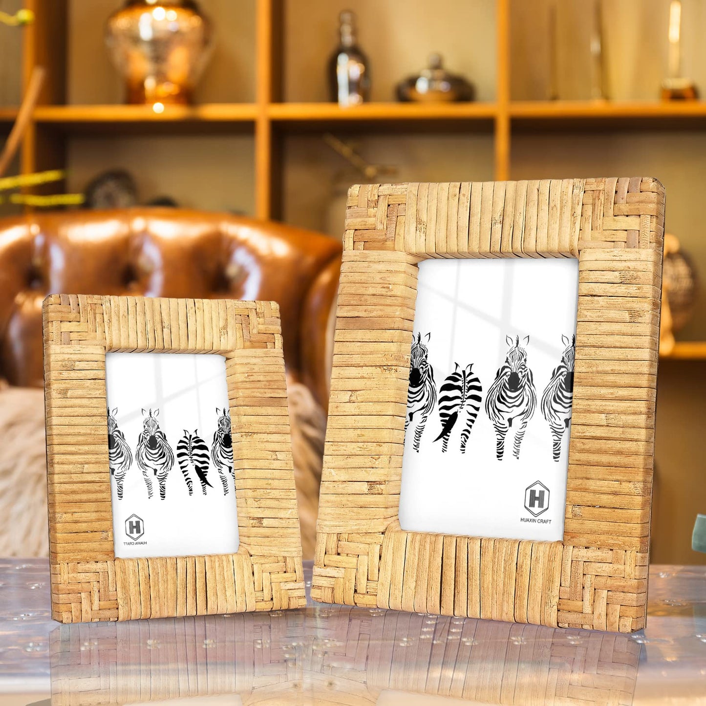 HUAXIN CRAFT H Rattan 4x6 Picture Frame, Boho Photo Frame, Cany Coastal Frame Stand Table Top Desk, High Definition Galss (4x6)