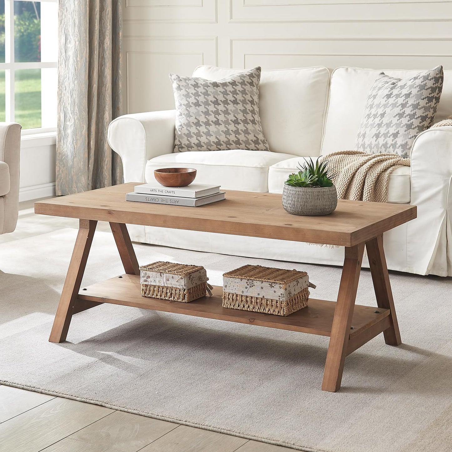 Farmhouse Coffee Table,Solid Wood Center Tables with Storage Shelves & Sturdy A-Shaped Legs, Modern Rustic 2-Tier Rectangular Table for Living Room and Office, Natural