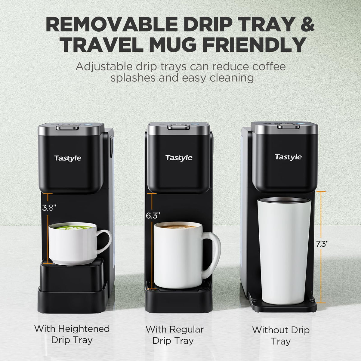 Tastyle Single Serve Coffee Maker with Built-in Detachable Milk Frother, Iced and Hot Coffee Machine for K Cup & Grounds, 40oz Removable Water Reservoir, 6 Cup Sizes, Fits 7.3" Travel Mug, Black