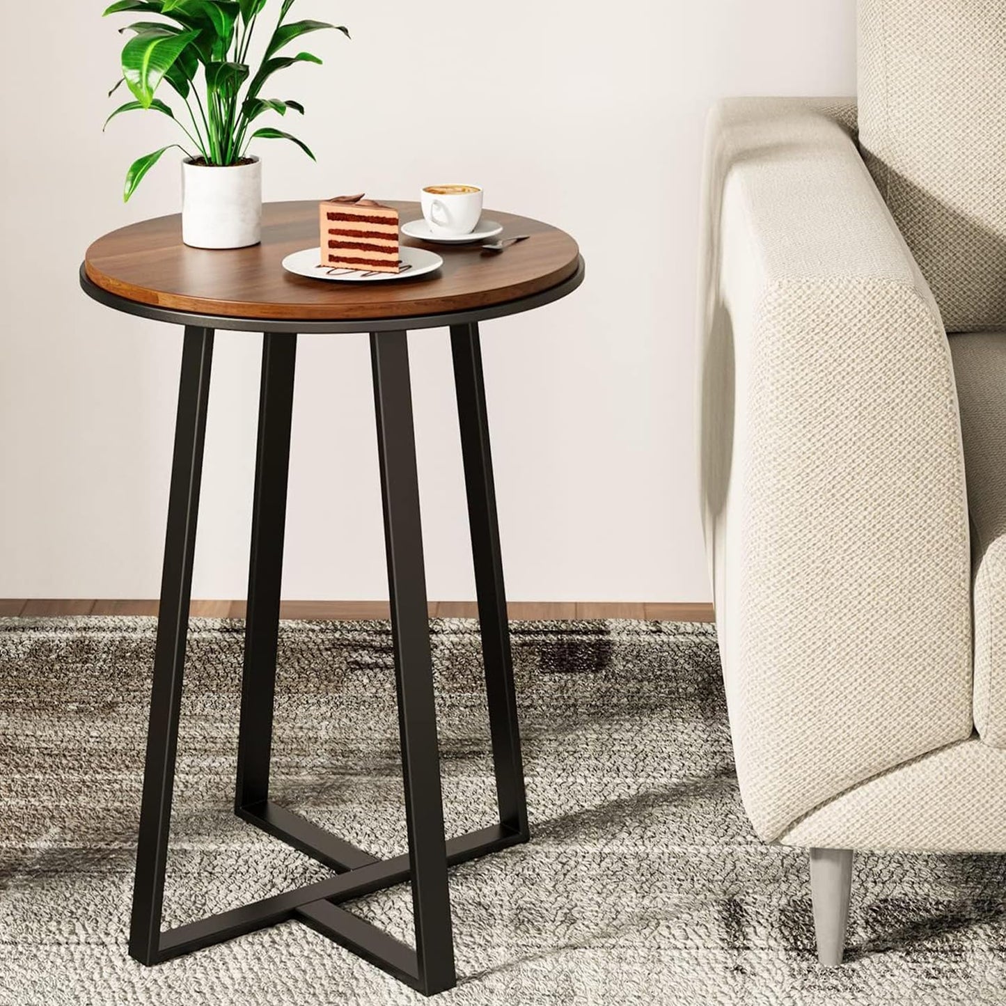 Dorriss Round End Tables, Small Side Table Walnut Color MDF Top, Metal Frame Black, Tall End Table for Bed Room, Coffee Tea End Table for Living Room(Walnut+Black)