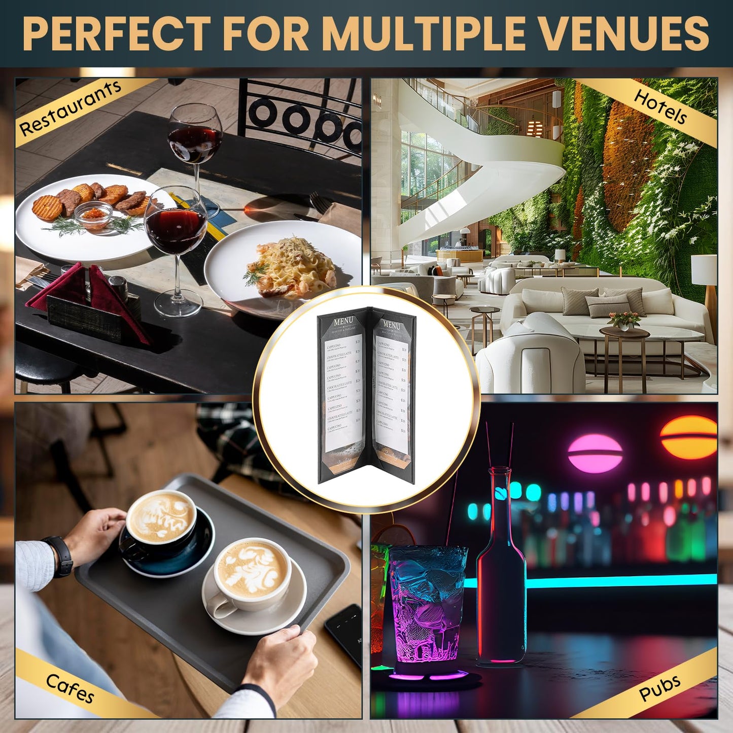 AMGSH 12 Pack 2 View Menu Holder Menu Covers 4.25" x 11" | Black Leather Menu Sleeves Book Style for Restaurant Coffee Bars Wine List