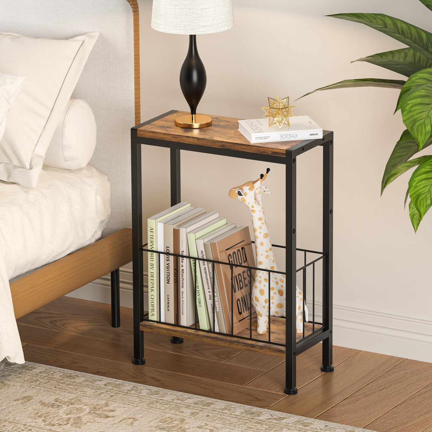 Lifenite Narrow Side Table, Skinny End Tables with Magazine Holder, Small Sofa Table for Small Spaces, Space-Saving Design, Slim Nightstand Bedside Table for Living Room, Bedroom, Office, Rustic Brown