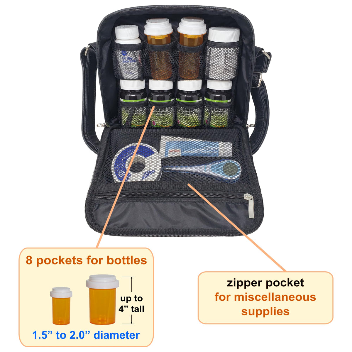 StarPlus2 Medium 2-in-1 Pill Bottle Organizer, Crossbody PU Leather Purse for Women, Medicine Bag, Case, Carrier for Medications, Travel Medicine Organizer, Med Bag - Black (Without Lock)