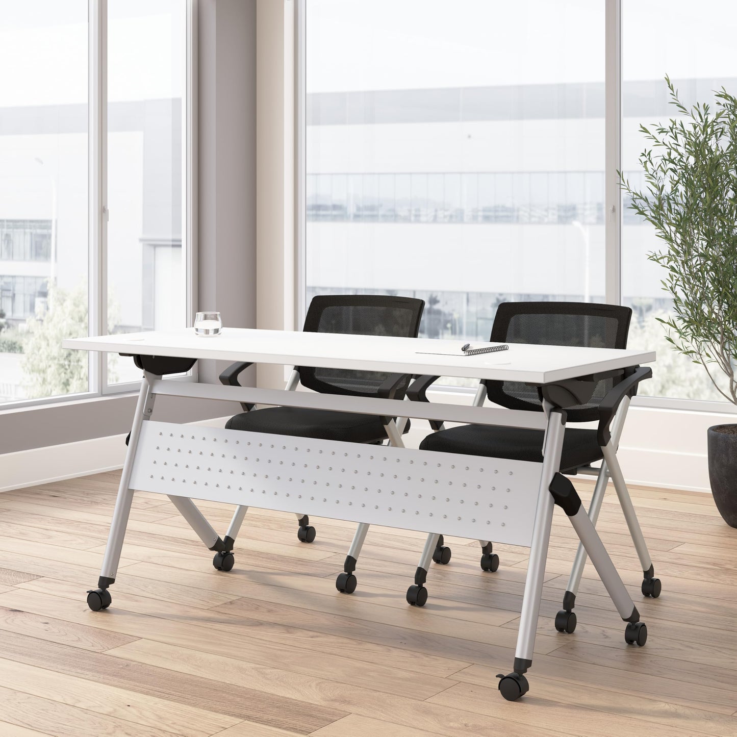Bush Business Furniture Folding Training Table Set for 2, 60 inch, 2 Mesh Back Folding Chairs with Arms, Commercial-Grade Bundle for Office or Classroom, Envision Collection, White