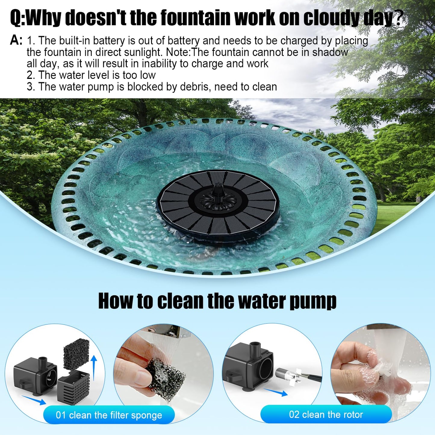 Solar Fountain Work On Cloudy Day,Solar Water Bird Bath Fountain with Faster Conversion Glass Solar Panel and Power Indicator,Built-in 2000mAh Battery,Outdoor Garden Decor(Black Panel)
