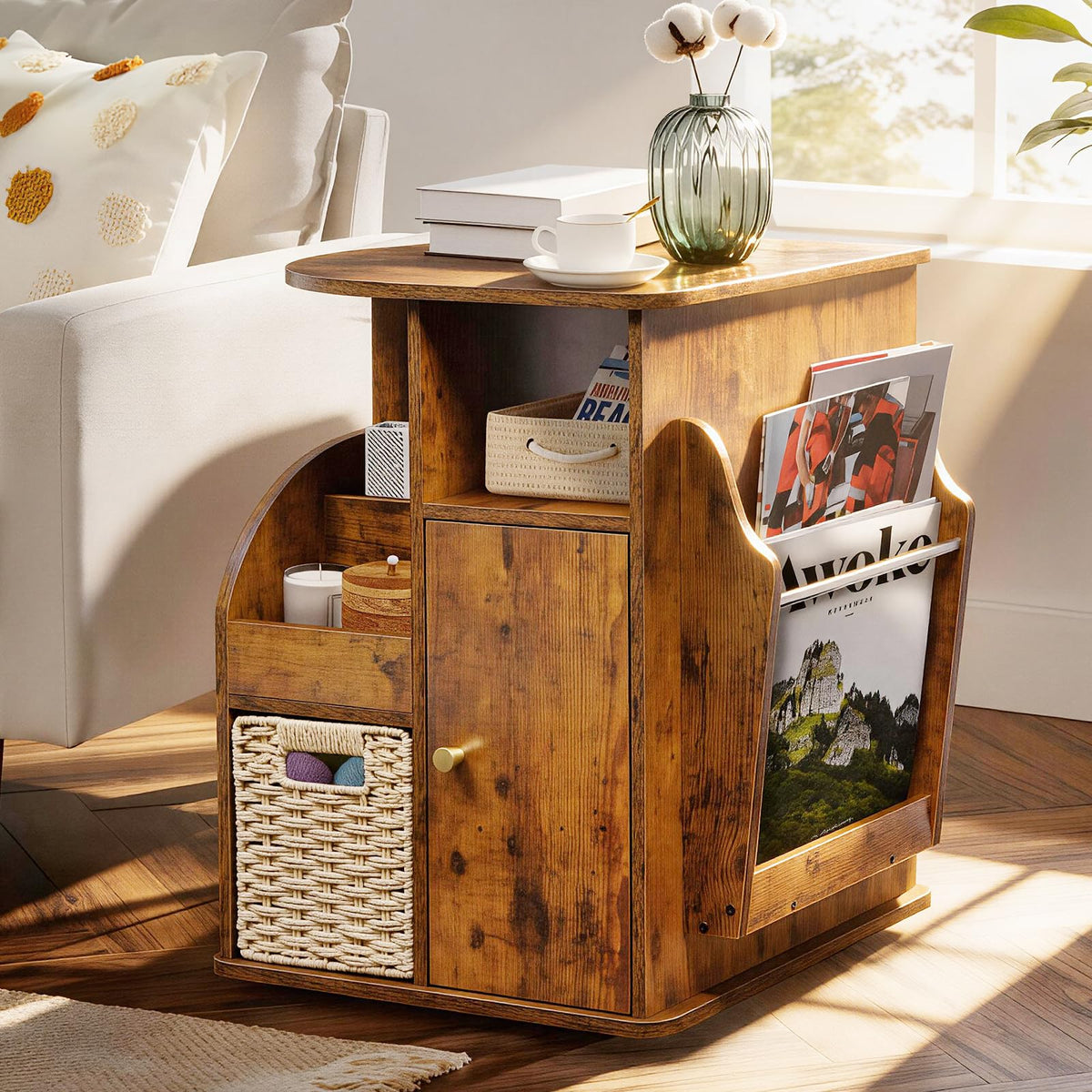 TooCust Rotating End Table with Storage, Swivel Side Table Living Room, Side Table with Magazine Holder, Basket and Cabinet, Sofa Side Farmhouse End Tables with Open Shelf (Rustic Brown)
