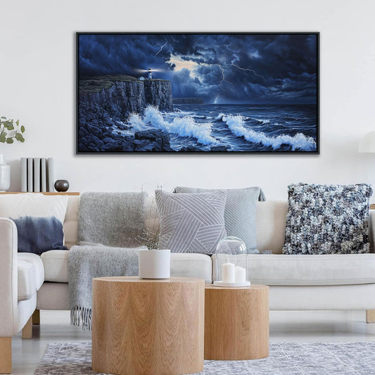 Navy Blue Wall Art - Ocean Canvas Lighthouse Painting Framed Coastal Wall Decor Artwork for Living Room,Stormy Seascape Picture for Bedroom,Office Decoration Size 20x40 inches