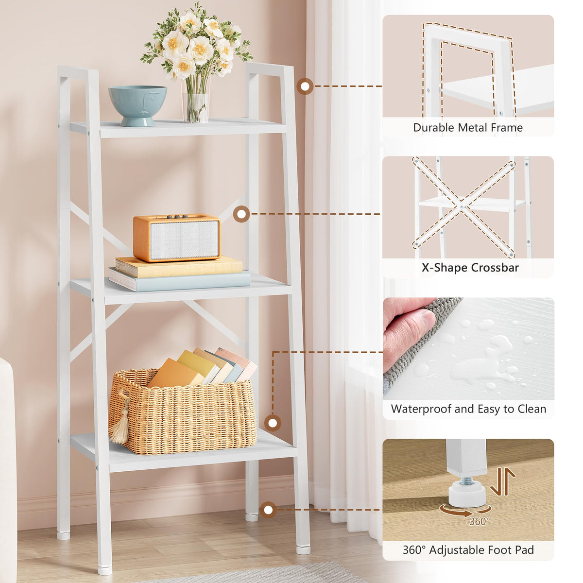 Hoctieon 3-Tier Industrial Ladder Bookshelf, Narrow Ladder Shelf, Tall Standing Bookshelf, Skinny Open Ladder Shelf, for Living Room, Home Office, Kitchen, Bedroom, Metal Frame, White