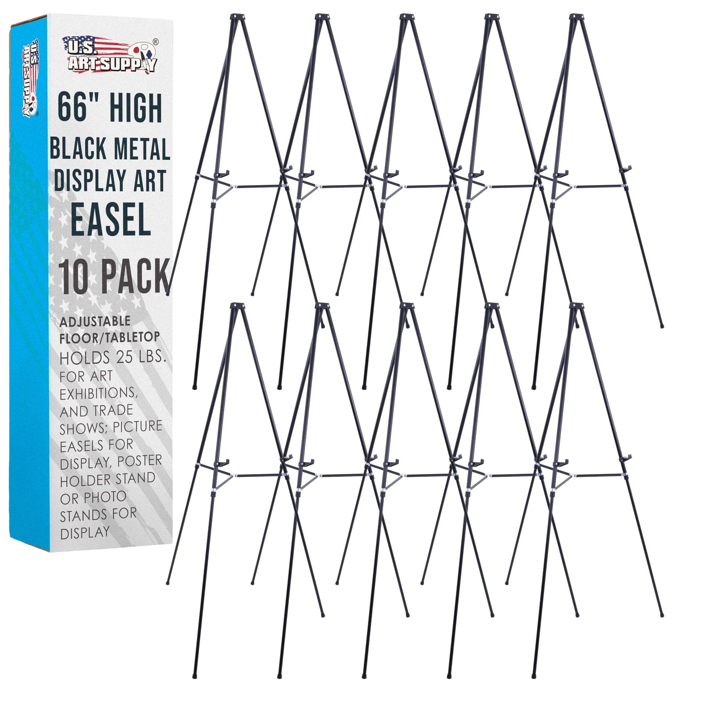 U.S. Art Supply 66" High Black Metal Display Art Easel (10 Pack) - Large Adjustable Height Portable Easel Stand, Sign Display, Holds 25 lbs - Floor & Tabletop Easels, Sign Stand
