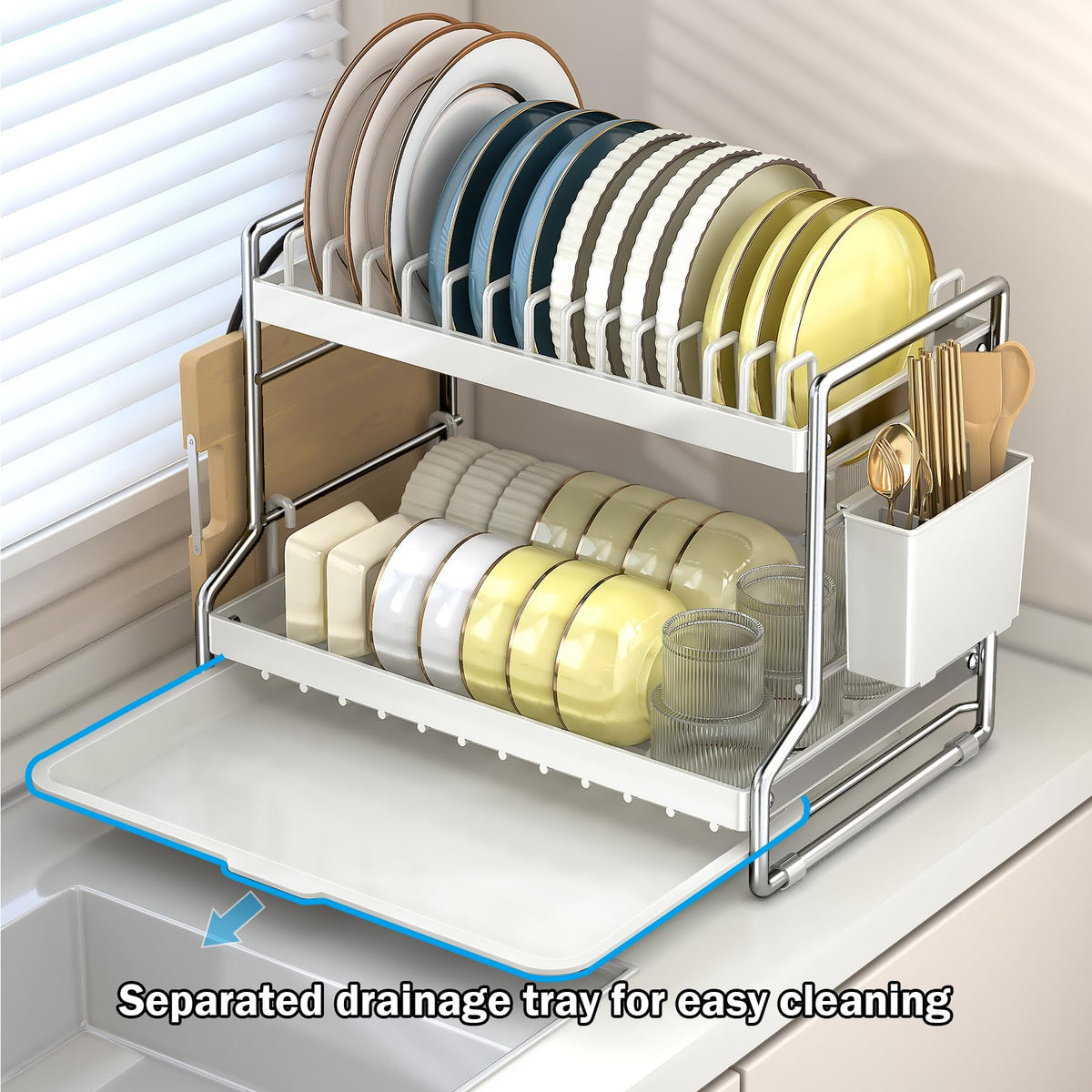 HOISIMDY 2 Tier Dish Drying Rack Dishes Organizer Rack Double Decker for Kitchen Counter