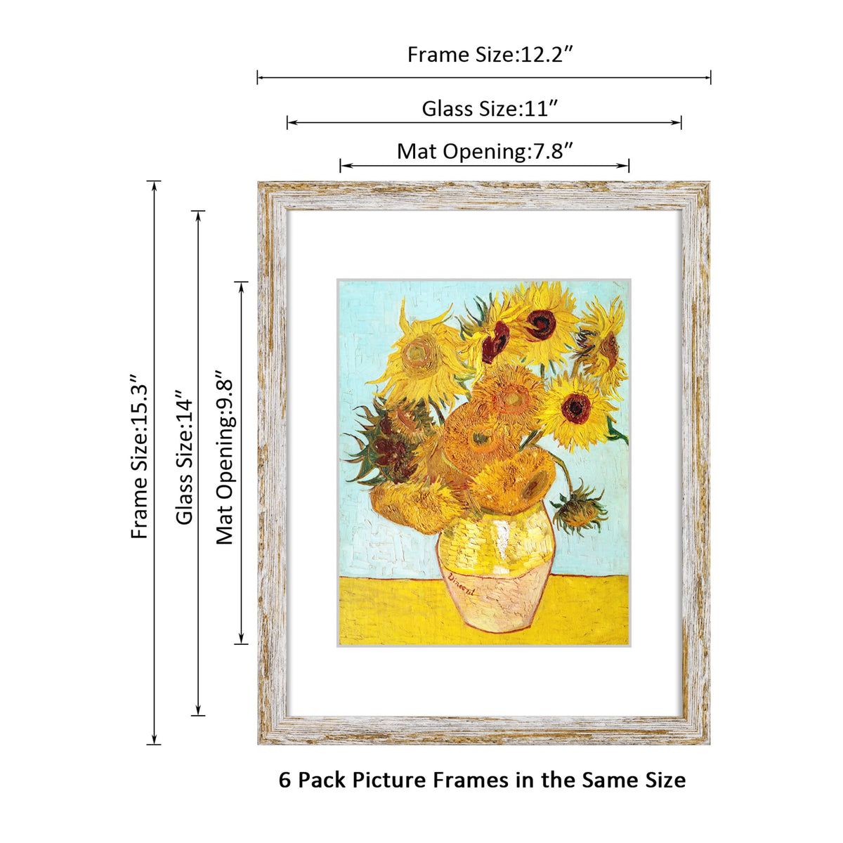 DEKWINN Rustic Distressed Retro Style White Frame 11x14 Picture Frame Set of 6 with Real Glass for Pictures 8x10 with Mat or 11x14 Without Mat, Wall Gallery or Tabletop display