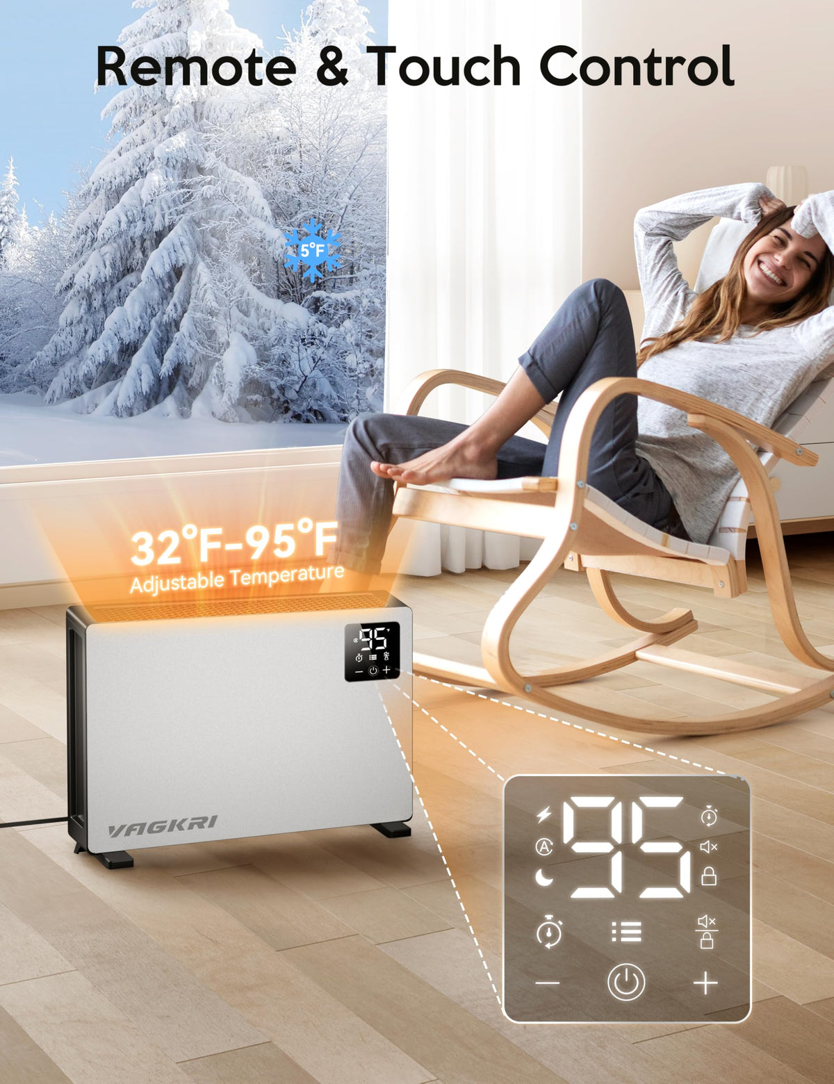 VAGKRI Quiet Electric Space Heater, Wall Mounted Heater 1500W Fast Heating with Remote, 3 Heating Modes, 24H Timer, Indoor Heaters with Stand Base for Bathroom, Bedroom, Living Room, Office