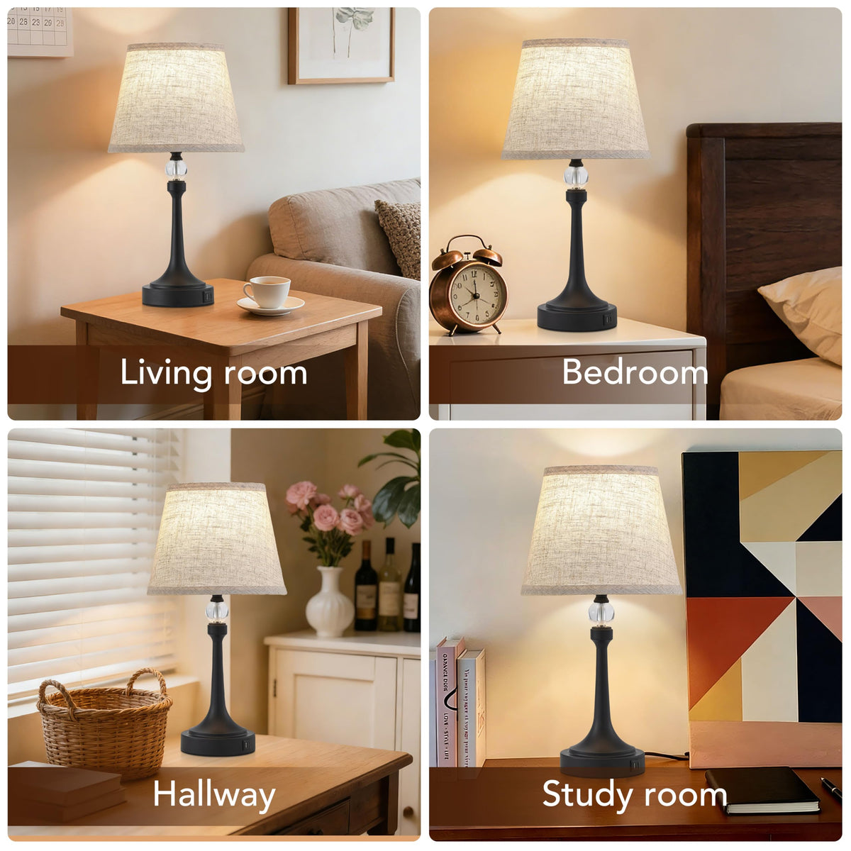 Leasgy 19.7'' Touch Table Lamps for Living Room, Small Lamp for Bedroom with USB C+A Ports, Dimmable Touch Lamps Set of 2, Reading Desk Lamp for Office, Metal Bedside Lamps, Bulbs Included, Black