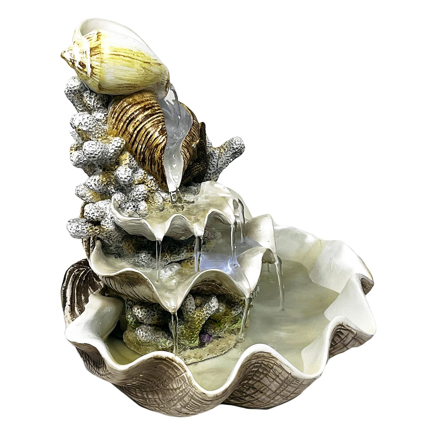10.5" H Coral Reef Shell Fountain Indoor Fountain with LED Lights and Adjustable Motor Pump (Power Cord Attached) (Resin)