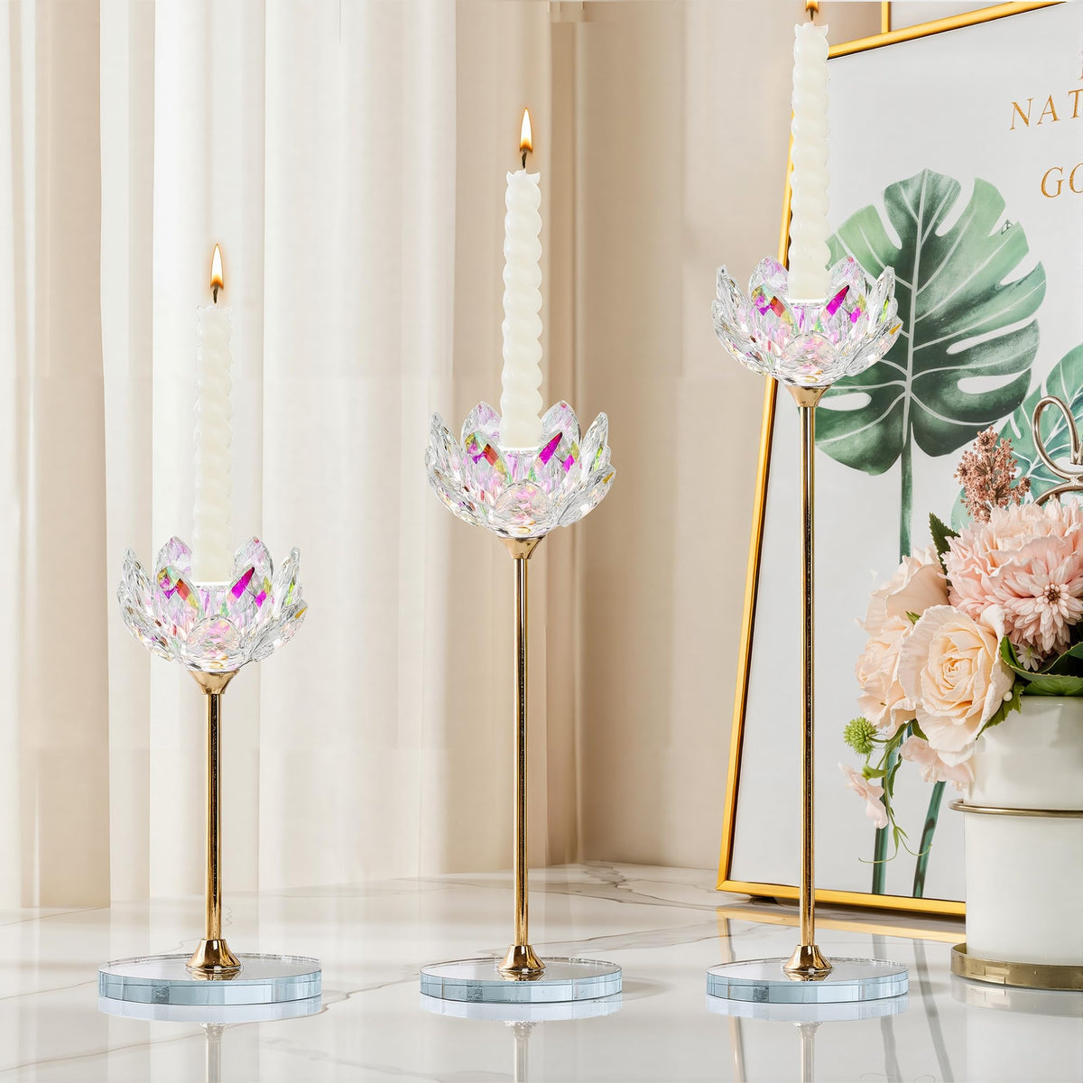 3pcs Crystal Candle Holders, Lotus Flower Candlestick Holders with Mirror Base, Metal Stand, Elegant Table Centerpieces for Home Decor, Wedding, Party (Taper Candle)