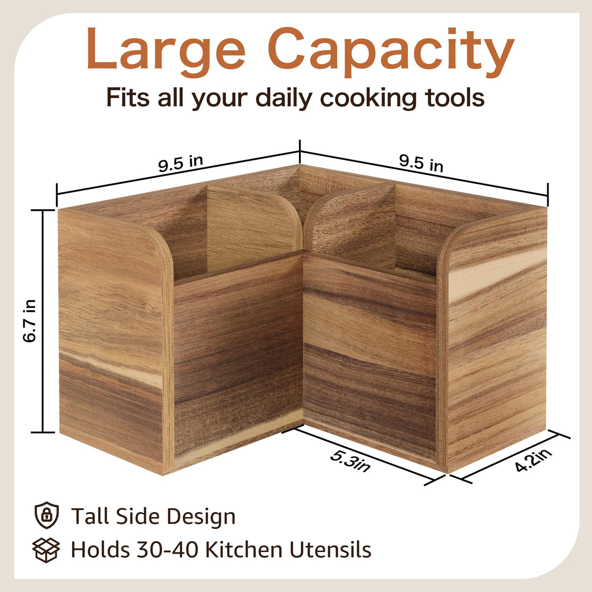 Vorisebo Acacia Wood Kitchen Utensil Holders for Countertop, Wooden Corner Utensils Holder with 3 Compartment, Farmhouse Utensil Caddy for Storage Cooking and Silverware, Opened Up Counter Space