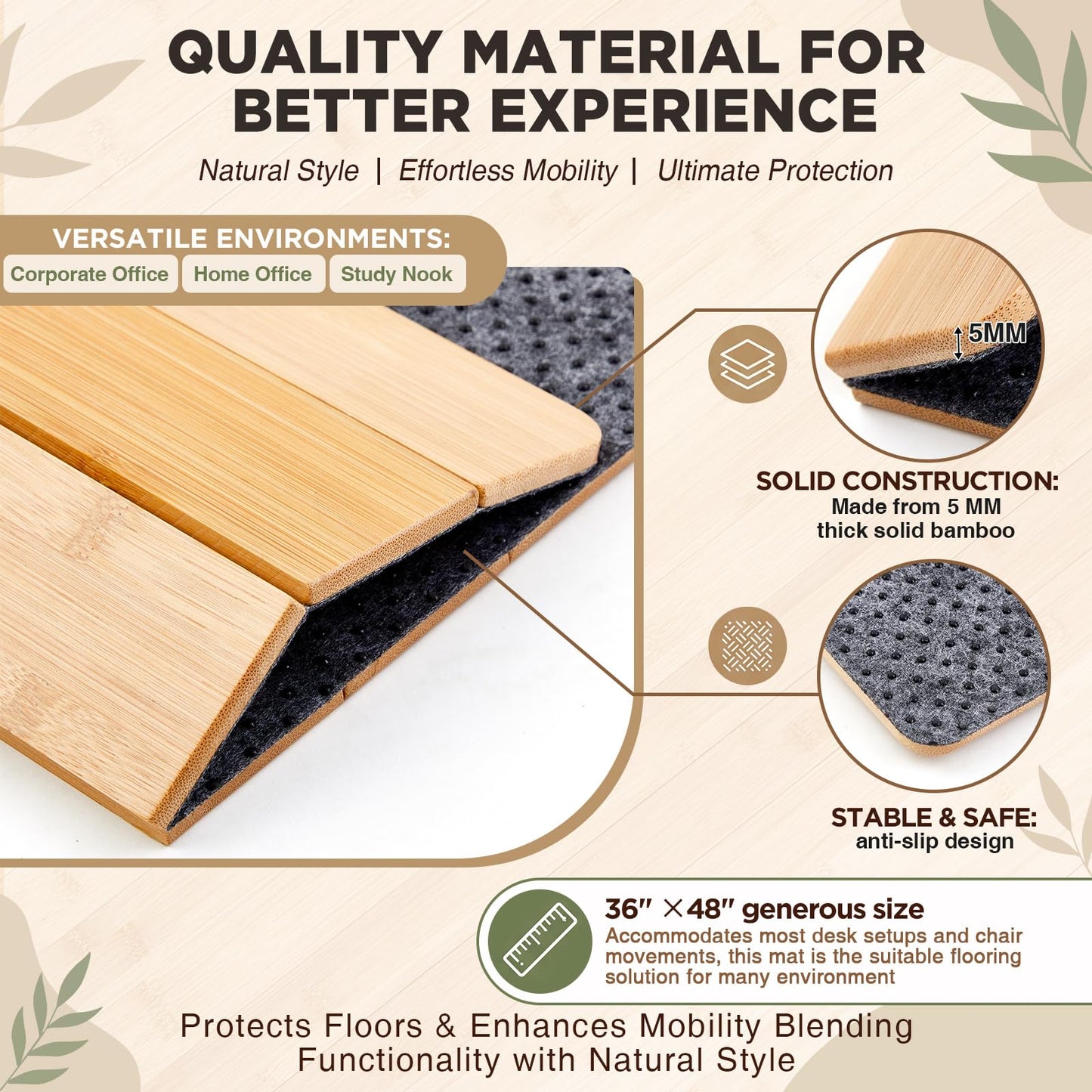 Leinuosen 36" x 48" Office Bamboo Chairmat for Carpet Floor Mat Highly Premium Quality Anti-Slip Office & Home Floor Protector Low Pile Carpet Chair Mat, 5mm Thick(Without Lip,Wood)