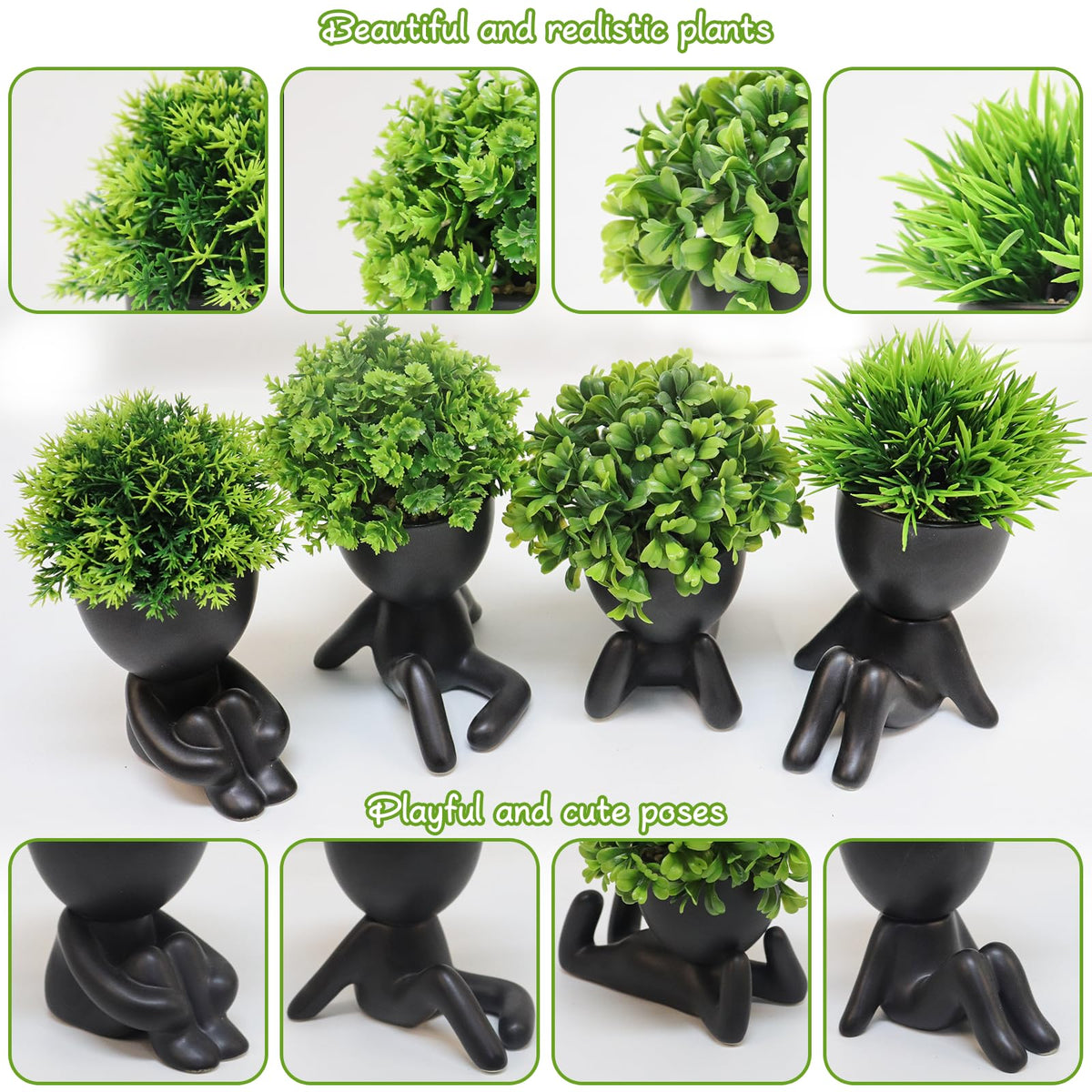 MAKHOT 4PCS Cute Artificial Mini Succulent Plants with Creative Human Shaped Pots, Small Fake Plants for Shelf Desk Tabletop Office Home Decoration(Black)