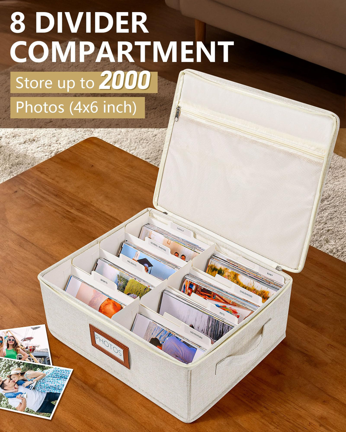 HULISEN Photo Storage Box with Lid & Dividers, Linen Photo Organizer for up to 2000 4x6 Pictures, Keepsake Memory Box with Side Handle for Family, Wedding & Baby Photos, Cards, Scrapbook