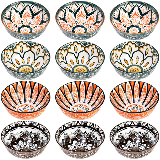Foraineam 12 Pack Porcelain Bowls, 10 Ounces Small Bowl Set, Colorful Floral Round Bowl for Soup, Ice Cream, Snacks, Rice, Salad, Fruits, Side Dishes, Dishwasher and Microwave Safe