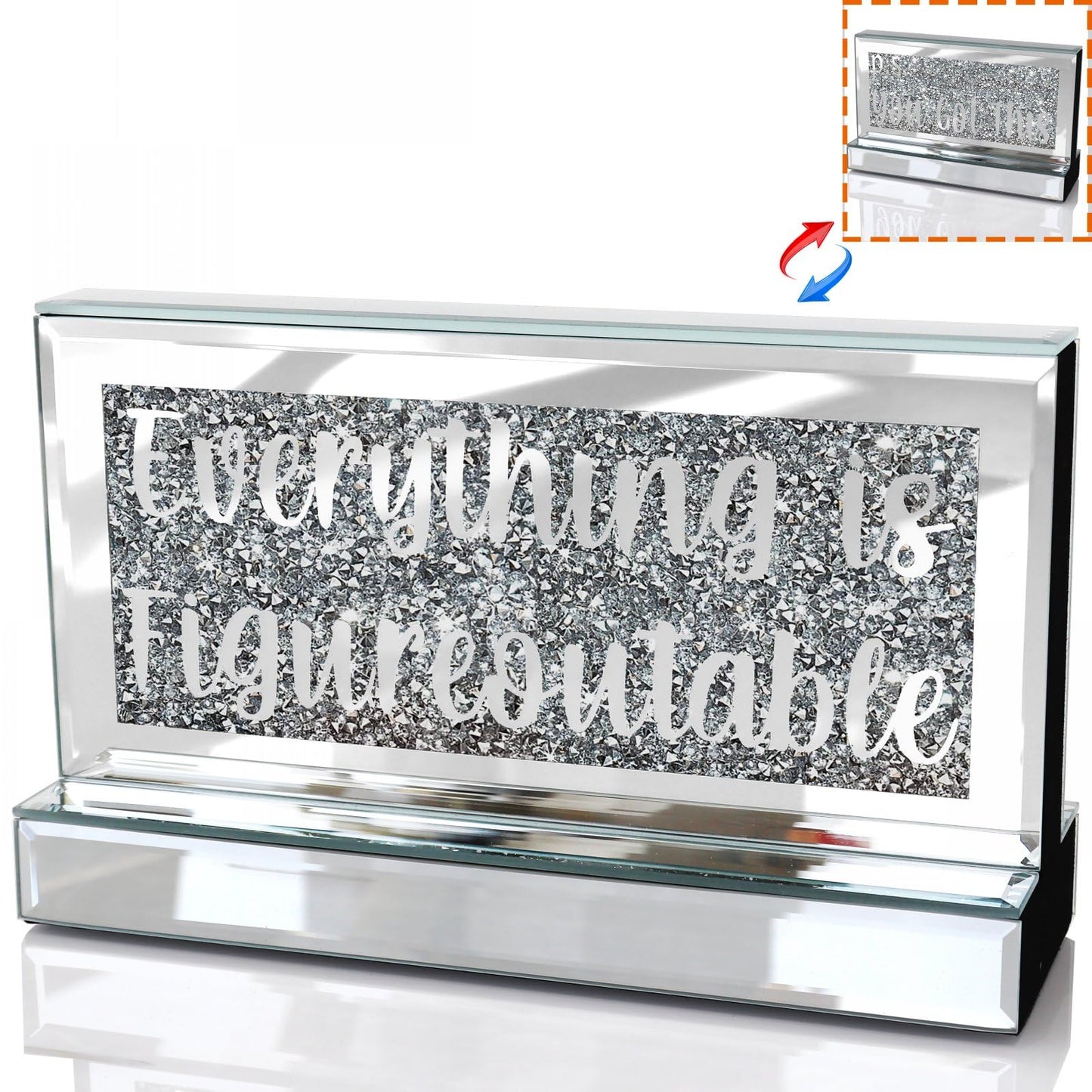 Silver Mirror Crystal Diamond Home Office Desk Art Decor, Daily Inspirational Office Supplies Sign and Reminder-Everything is Figureoutable & P.S. You Got This-9.1×5.1×3Inches