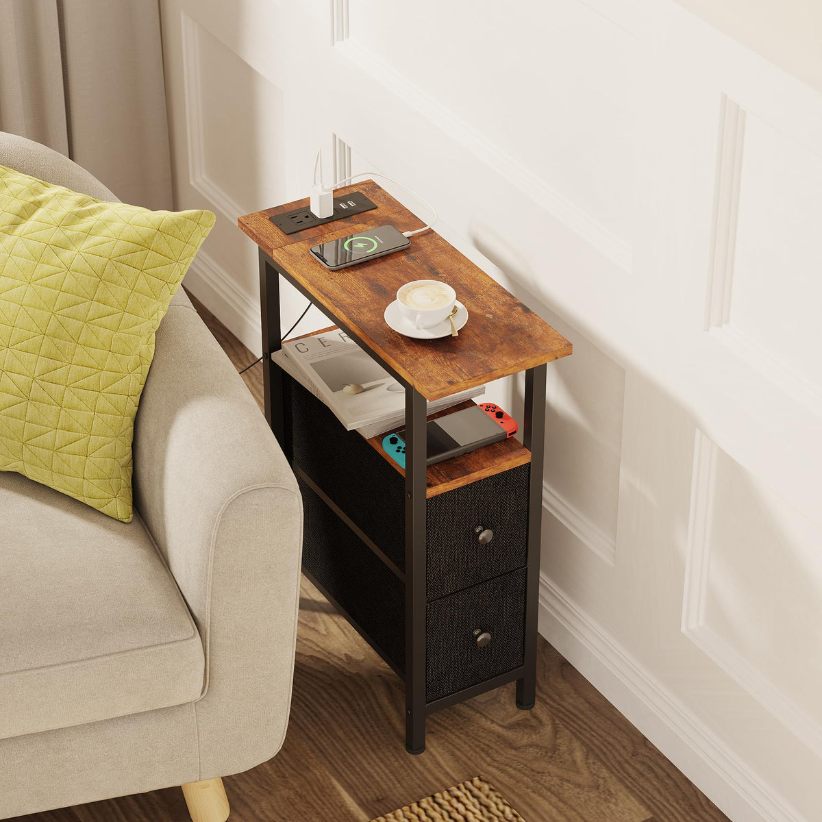 TRIFEBLE End Table with Charging Station, Narrow Side Table with 2 Fabric Drawers, Skinny Nightstand with LED Light, Slim Bedside Table for Bedroom, Living Room, Small Spaces, Rustic Brown and Black