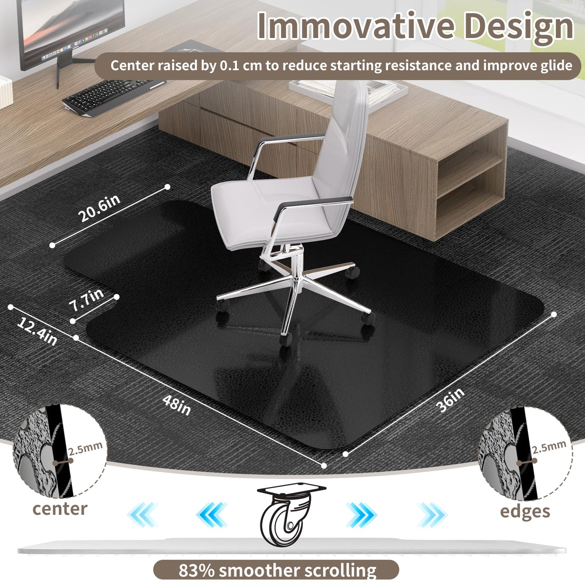 Office Chair Mat for Low Pile Carpeted Floors with Lip, 36" x 48" Plastic Floor mat for Desk Chair on Carpet,Easy Glide Carpet Protector Mat for Computer Chairs,Rolling Chairs,Home,Office (36*48 inch)