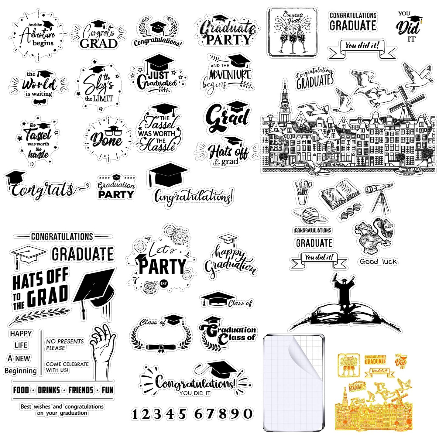 6 Sheets Graduation Silicone Clear Stamps Seal Set Acrylic Stamp Blocks Tools with Grid Lines DIY Scrapbooking Crafts Making Simply Rubber Stamps for Cards Congratulations Graduate