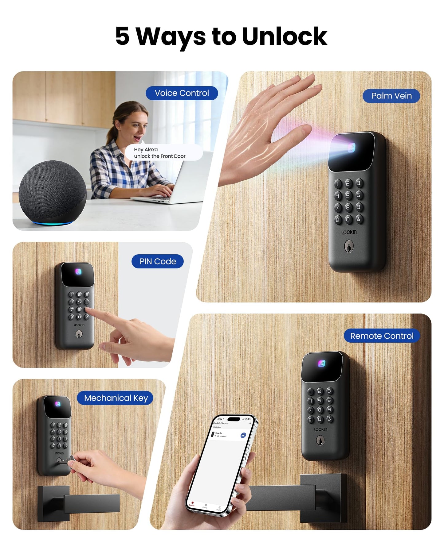 Lockin Veno Go Smart Deadbolt Lock with Dual Swappable Batteries for 14-Month Extended Power, Palm Vein Recognition, ANSI Grade 3, WiFi, Matter, 5 Unlock Methods, IP53 Waterproof
