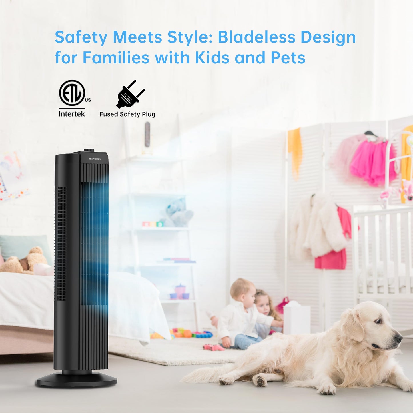 Emerson FAT2835-A Tower 60 Degree Oscillating Fan, 3 Speed Settings with Manual Knob, and Convenient Carry Handle, Black