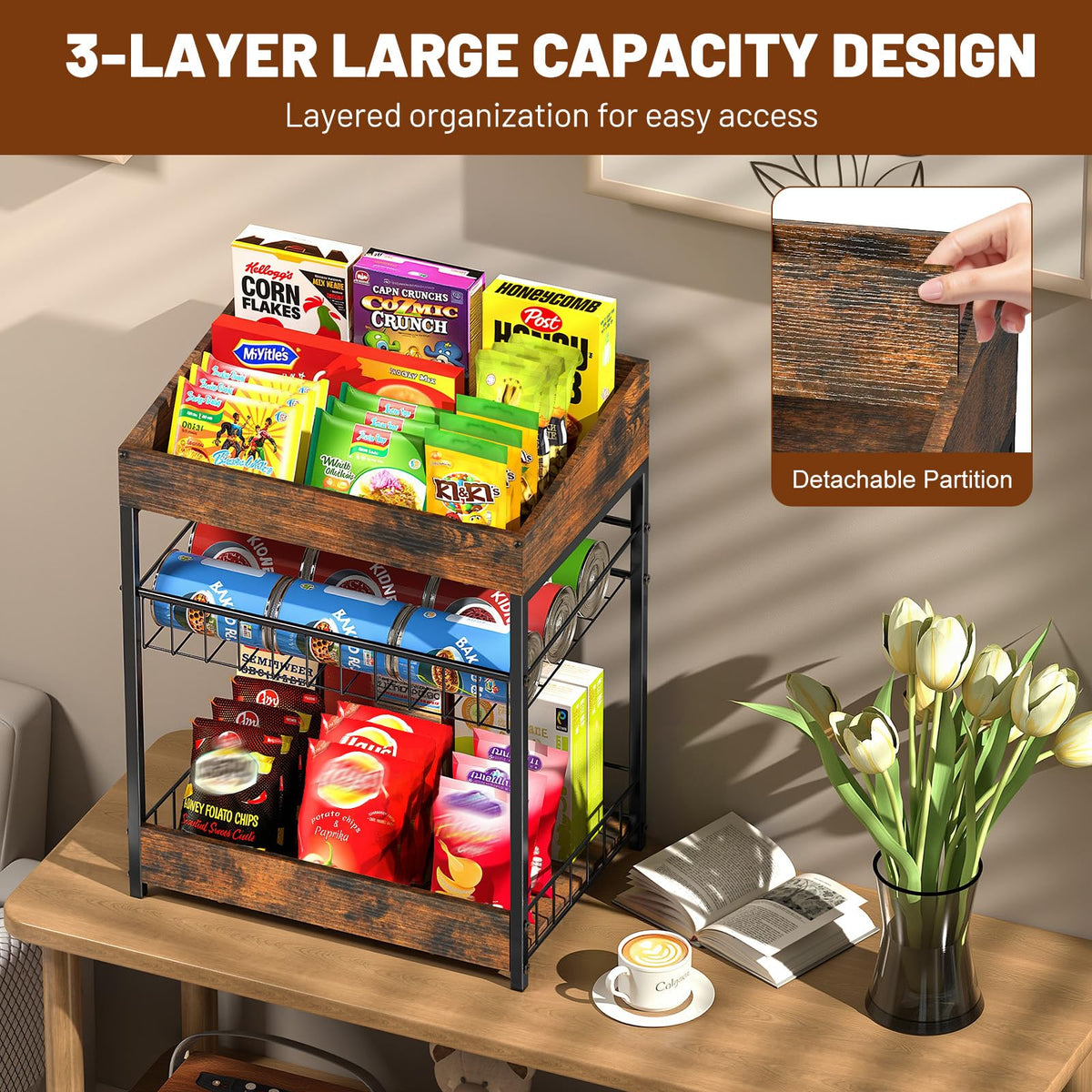 Kssiaz Candy Display Rack, 3 Tier Snack Rack Display for Countertop, Snack Organizer for Pantry, 6 Adjustable Compartment, Retail Display Shelf for Kitchen, Counter, Office, Brown